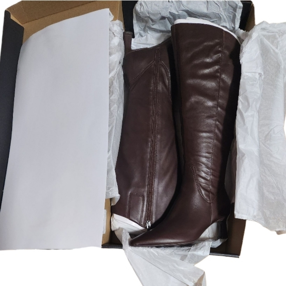 Naturalizer Chocolate Brown Deesha Wide CaIf Knee High Leather Dress Heel Boots - Picture 2 of 8